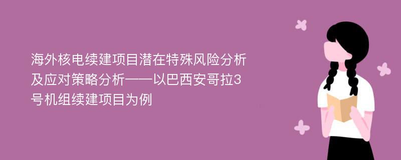 海外核电续建项目潜在特殊风险分析及应对策略分析——以巴西安哥拉3号机组续建项目为例